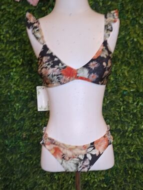 Chelsea & Violet Black Floral Ruffle Strap Bikini with Orange Accents